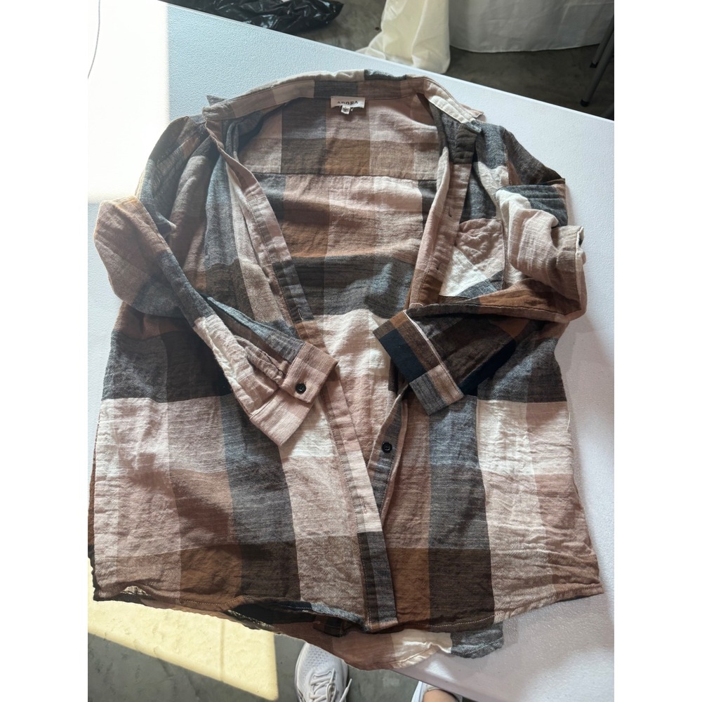 Adora Womens Brown Tan Plaid Button Down Shirt Long Sleeve Linen Blend Large